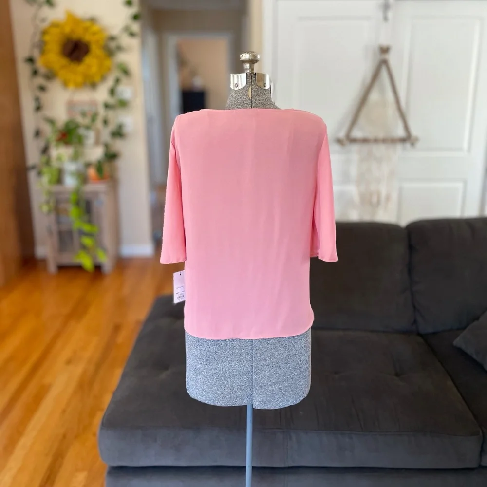 Lpink light button down, front tie, short sleeve blouse - Picture 4 of 7